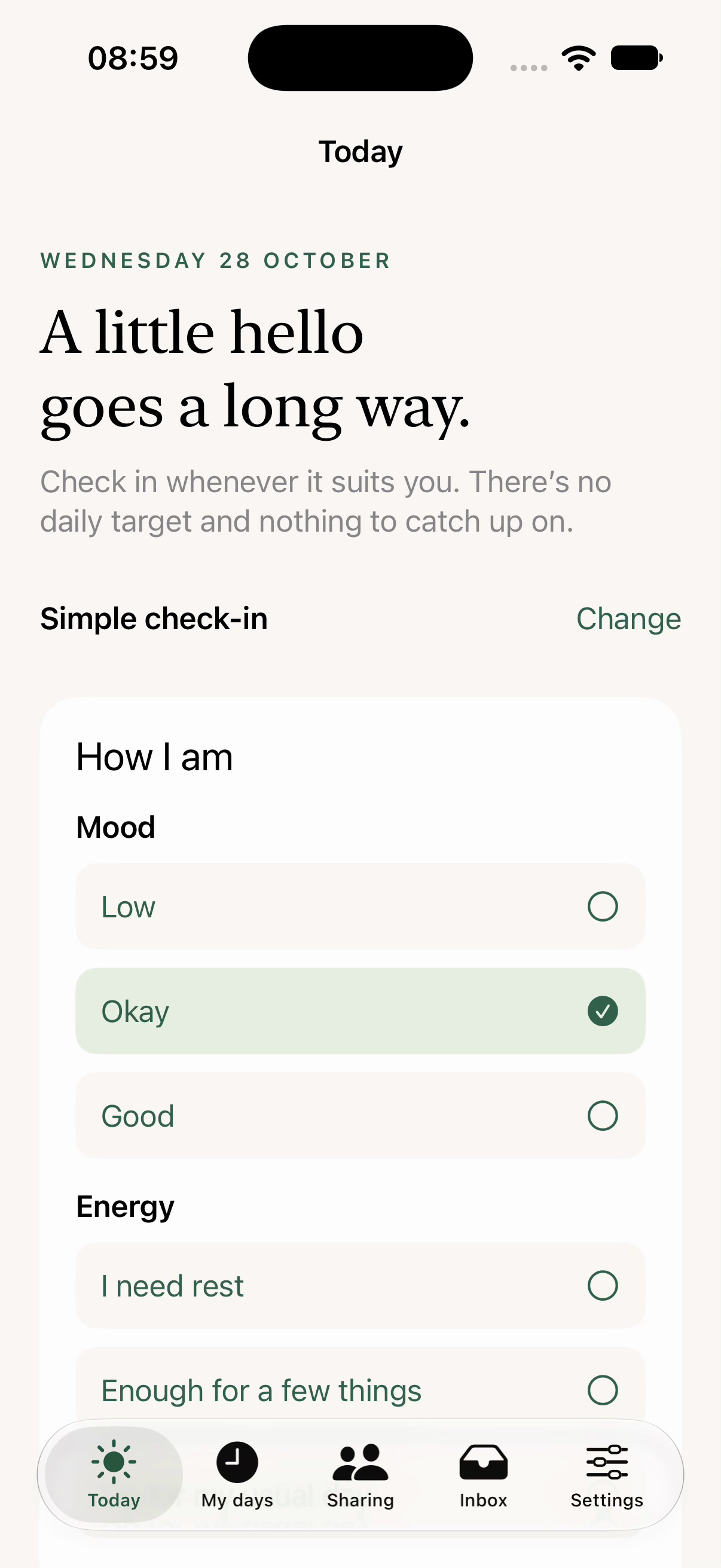 Little Hello on iPhone: a simple check-in with Okay selected, optional energy choices, and the My days tab.