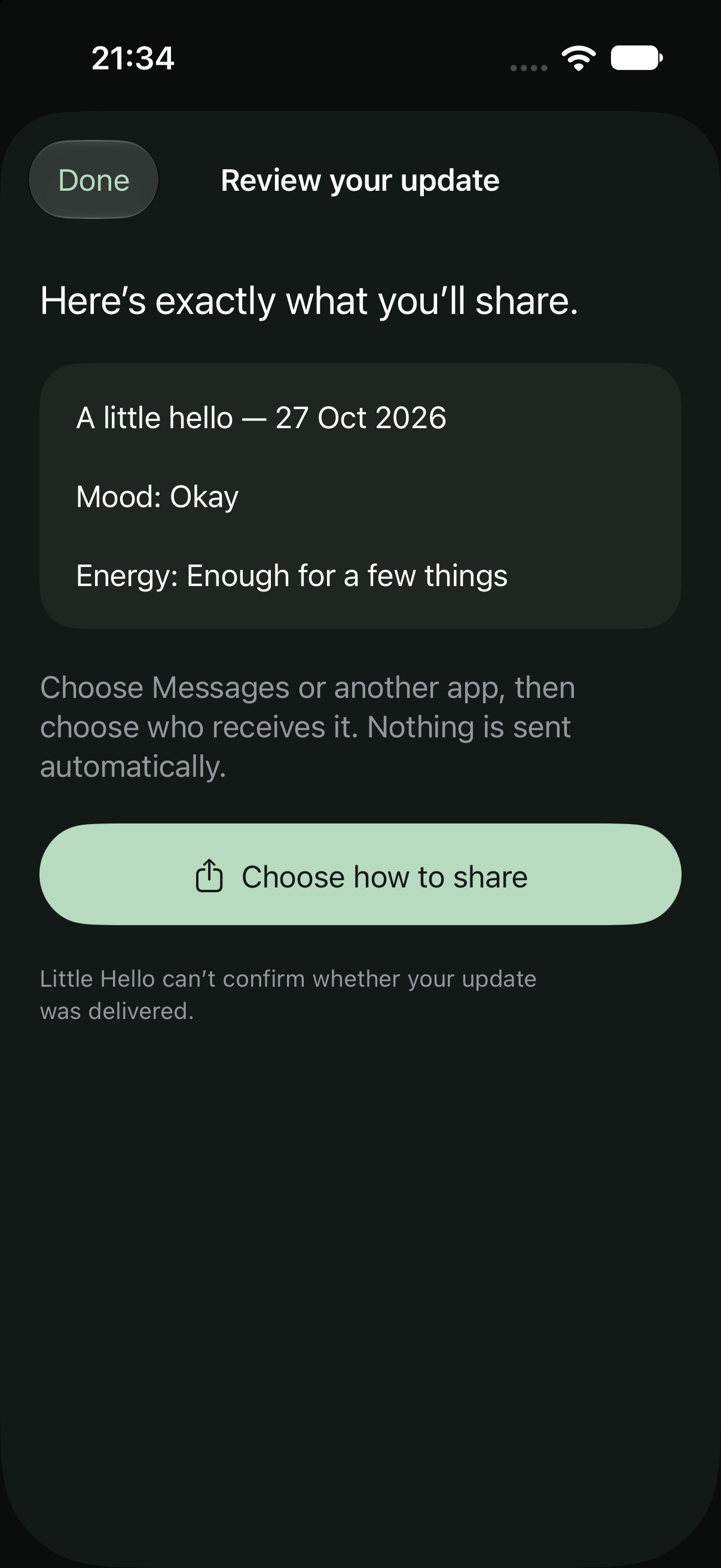 The app’s sharing preview: mood Okay, energy Enough for a few things, and Choose how to share.